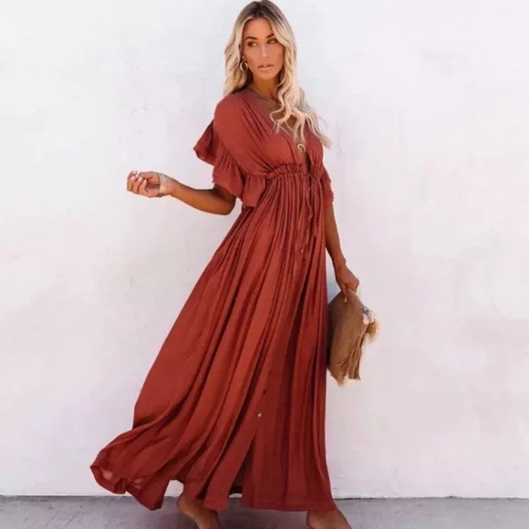 SOLD OUT Red Gauze Boho Button Maxi Coverup Dress - Picture 10 of 10